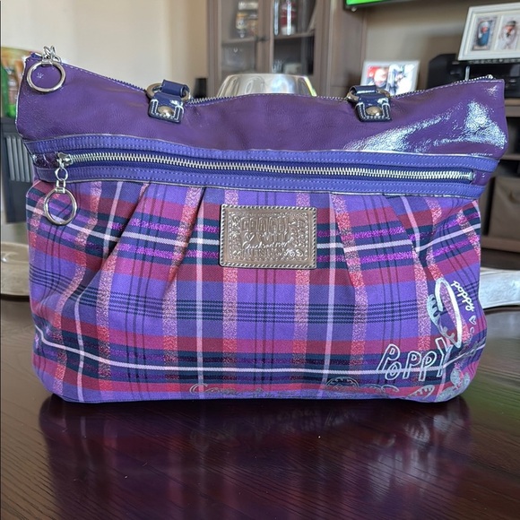 Coach Purple Poppy Tote Bag with Plaid Shimmery Design - Picture 1 of 16